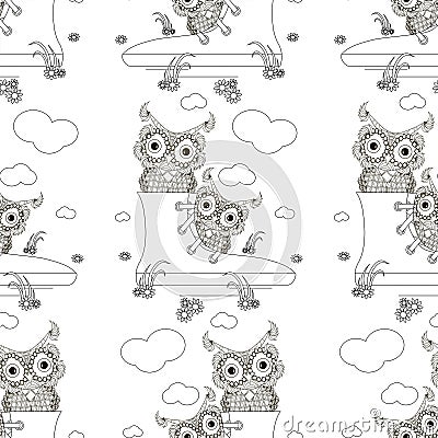 Cartoons monochrome owl near Sneakers family art design stock vector illustration for coloring book Vector Illustration